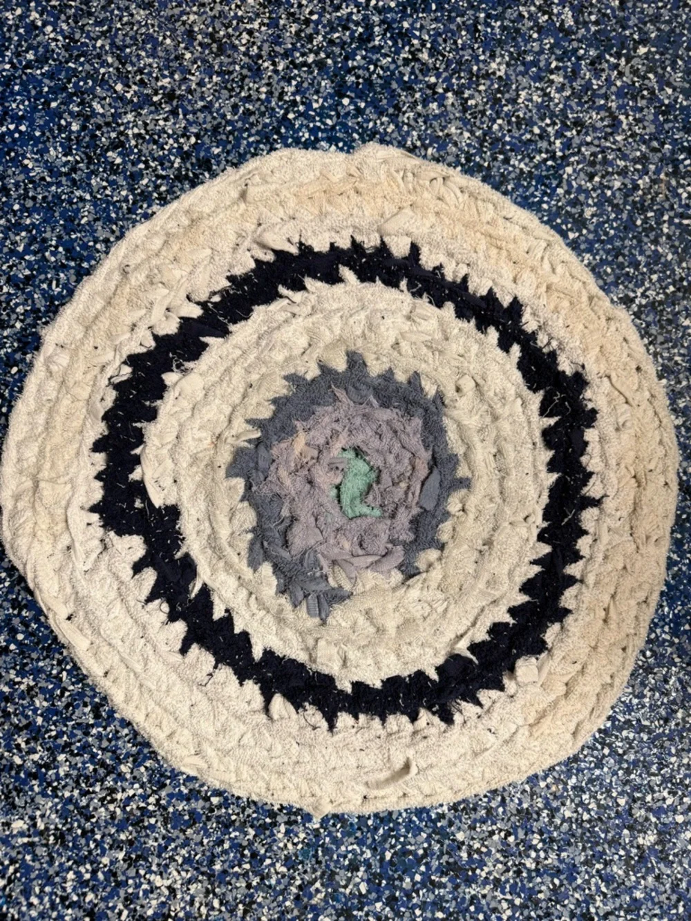 Handmade crocheted rag rug bathroom mat repurposed old towels Recycled 22.5”